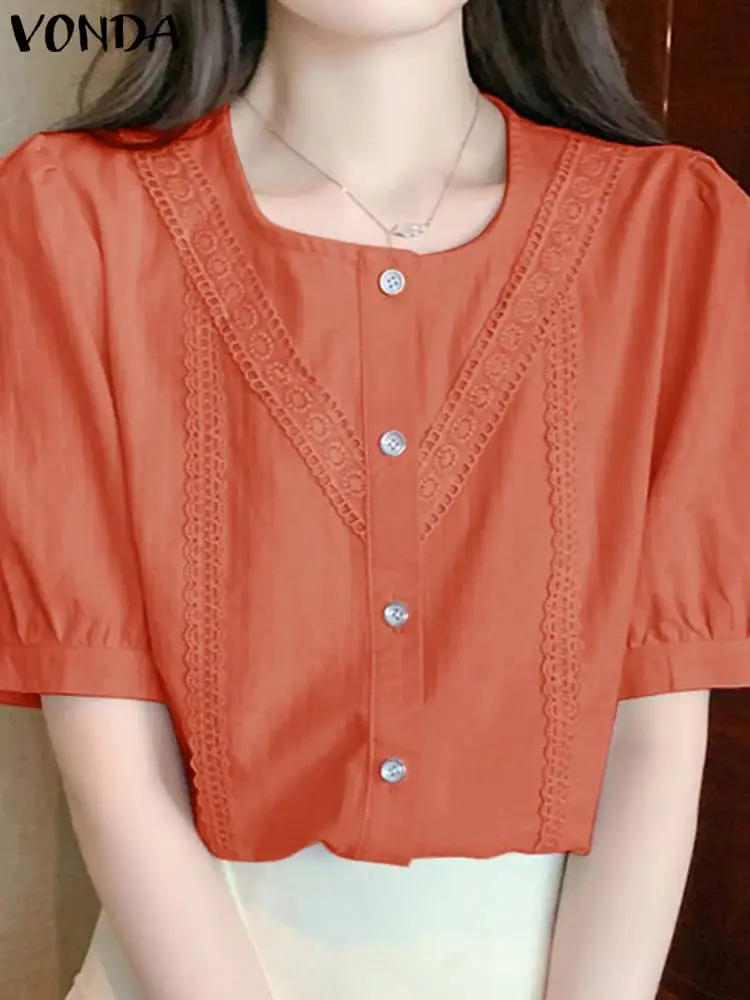 

2024 модная туника, топы VONDA, элегантные летние рубашки, женская блузка, однотонная, с коротким пышным рукавом, повседневные свободные женские блузы на пуговицах
