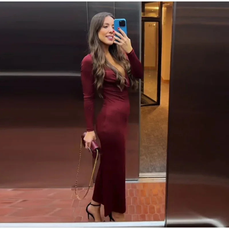 Elegant Hang Neck Burgundy Long Party Dress Women Halter Full Sleeve Maxi Dresses Autumn Lady Slim Hip Package Gowns New