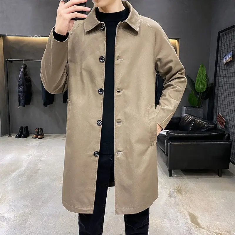 Spring Autumn Solid Color Turn-down Collar Long Sleeve Windbreaker Man High Street Casual Mid-length Button Pocket Cardigan