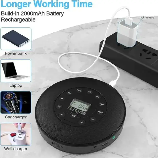 휴대용 CD 플레이어, USB 플레이어, AUX, 스테레오 스피커, 스테레오 헤드폰 잭, 재생 속도 제어, 충전식 배터리