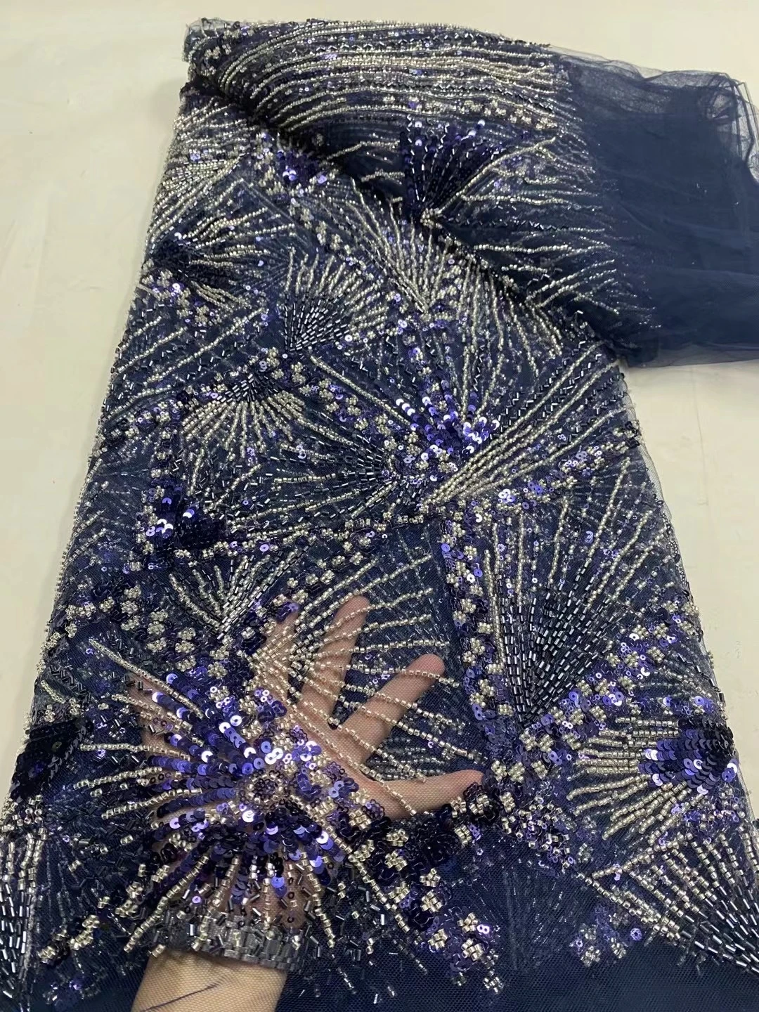 African Groom Sequined Lace Fabrics High Quality French Tulle Beaded Mesh Lace Fabrics Wedding Dress Material Sewing