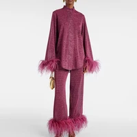 Show Style Two Piece Set Women Fashion Stand Collar Long Sleeve Shirt Tops&Long Pants Outfit New Temperament Feather Party Suit 1