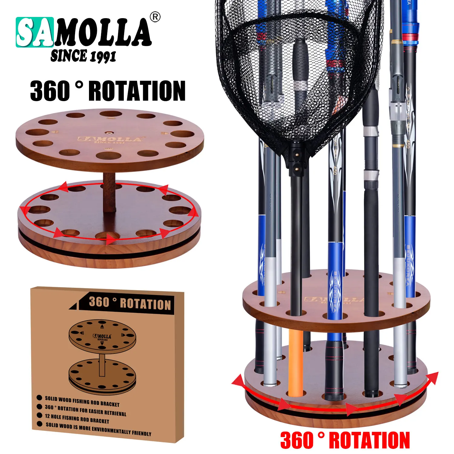 360 ° Rotation Wooden 12 Slots Round Fishing Rod Holder Space