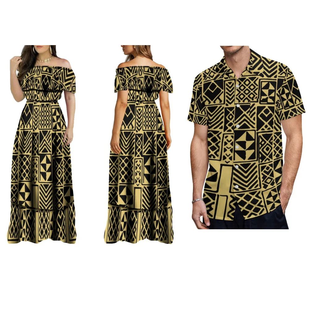 

2024 New Couple Clothing Custom Summer Women'S Long Dress Men'S Shirt One Shoulder Banquet High Quality Dress Polynesia