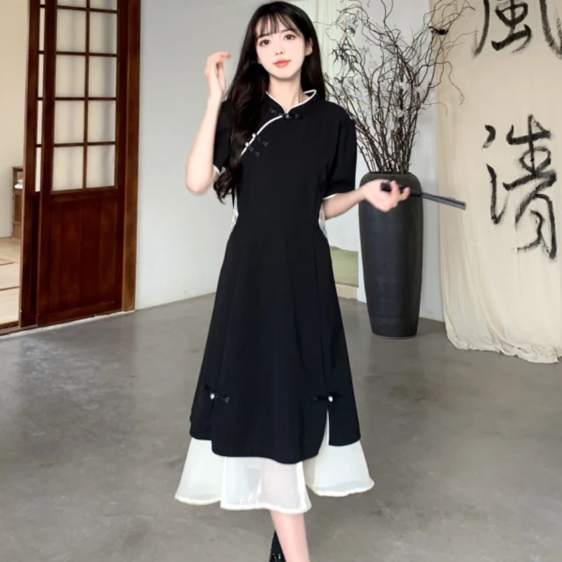 

2023 Spring New Women's Dress Retro Fashion Temperament Embroidery Splice Short Sleeve Standing Neck Slim Fit Free Shipping