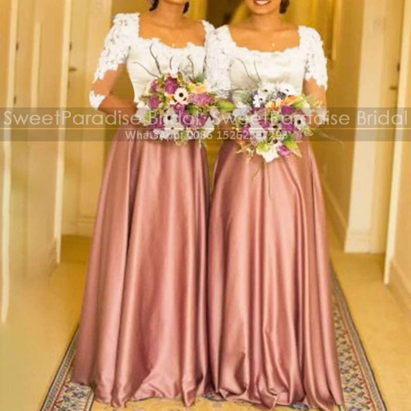 

Sheer Long Sleeves A Line Bridesmaid Dresses Square Neck Lace Appliques Women Floor Length Wedding Party Dress Maid Of Honor