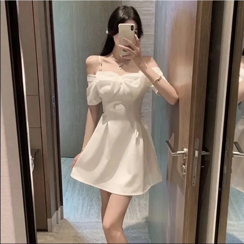 

Sexy Off Shoulder Bow Dress Women Slim Short Slip Dress Ladies Elegant White Fashion Casual Mini Dresses Dropshipping