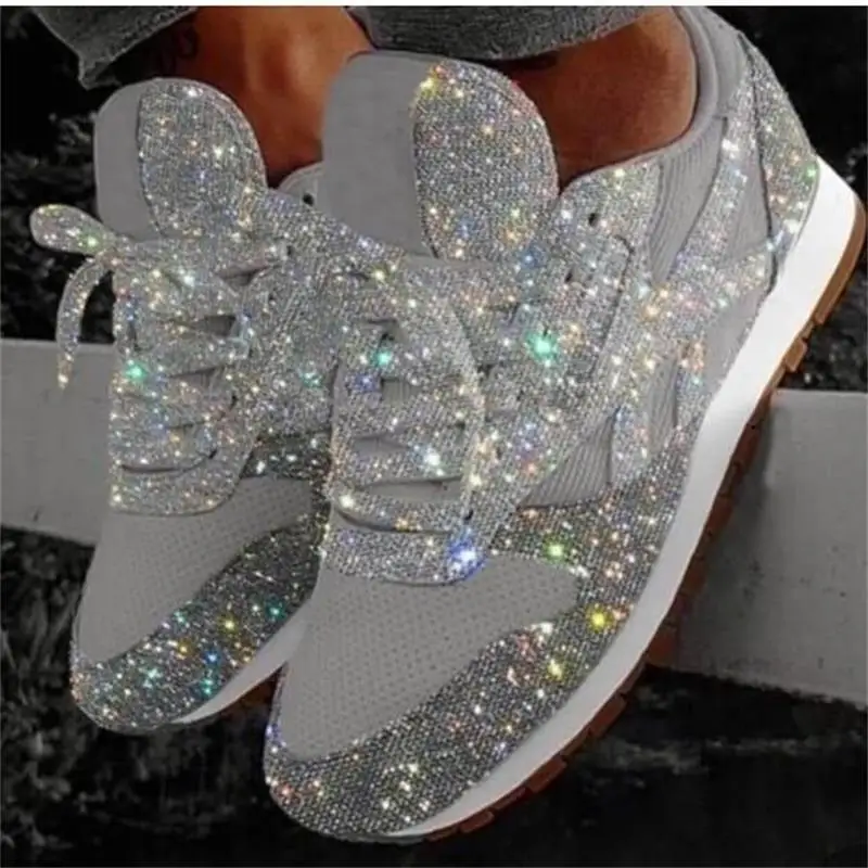

Women Casual Glitter Shoes Mesh Flat Shoes Ladies Sequin Vulcanized Shoes Lace Up Sneakers Outdoor Sport Running Shoes Zapatos
