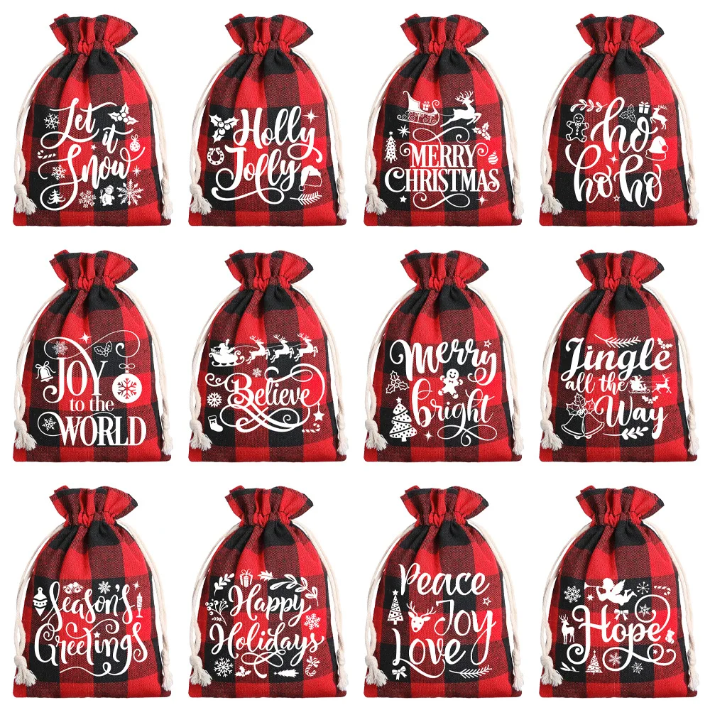 12pcs Set 13*18cm New Christmas Linen Drawstring Gift Bags, Jewelry Gift Bags, Party Drawstring Gift Pouches In Random Patterns
