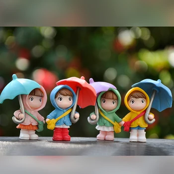 귀여운 우비 우산 소년 소녀 인형 작은 장식, 책상 장식 인형 액세서리, 어린이 장난감 선물, 마이크로 풍경
