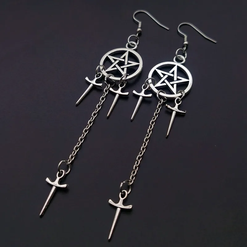 

Gothic Silver Plated Circle Pentagram Dagger Dangle Earrings Wedding Party Holiday Gift For Men And Women Daily Jewelry