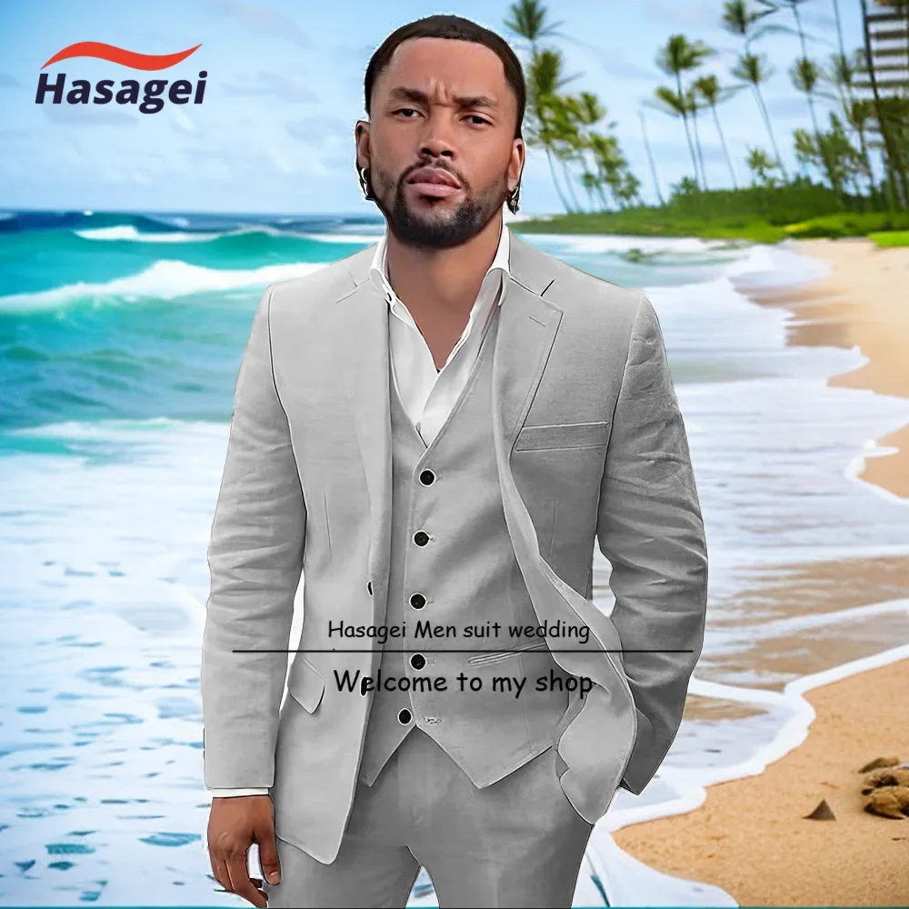 Mens Linen Suit Beach Wedding Suit 3 Piece Groomsmen Linen Prom Tuxedo Blazer Vest Pant