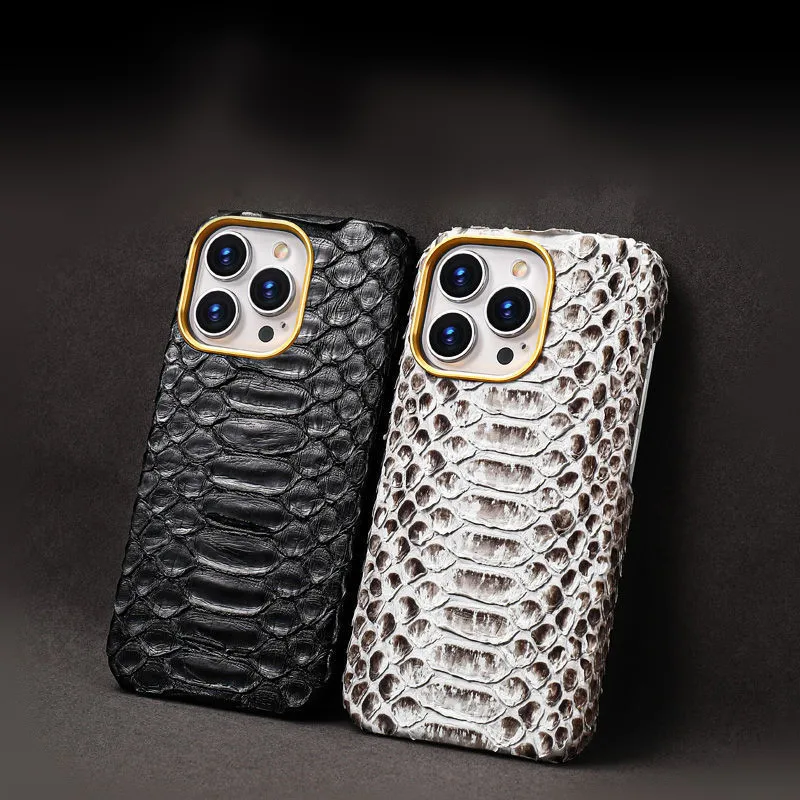 

Genuine Python Skin Armor Case For iPhone 13 14 Pro Max 12 Metal Gold Camera Ring Real Snakeskin Leather Shockproof Back Cover