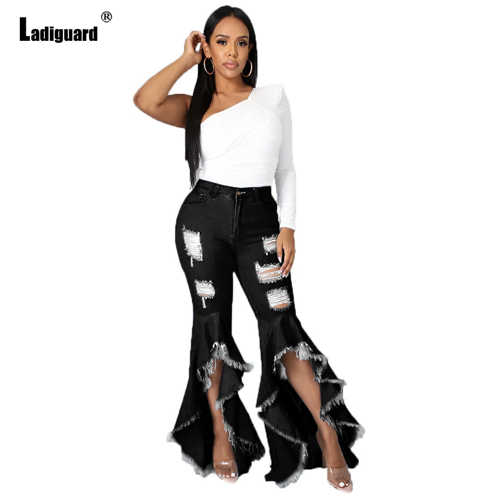 Ladiguard Plus Size 3xl Women Boot Cut Demin Pants Girls Streetwear Sexy Flare Jeans 2022 African Style Fashion Shredded Trouser