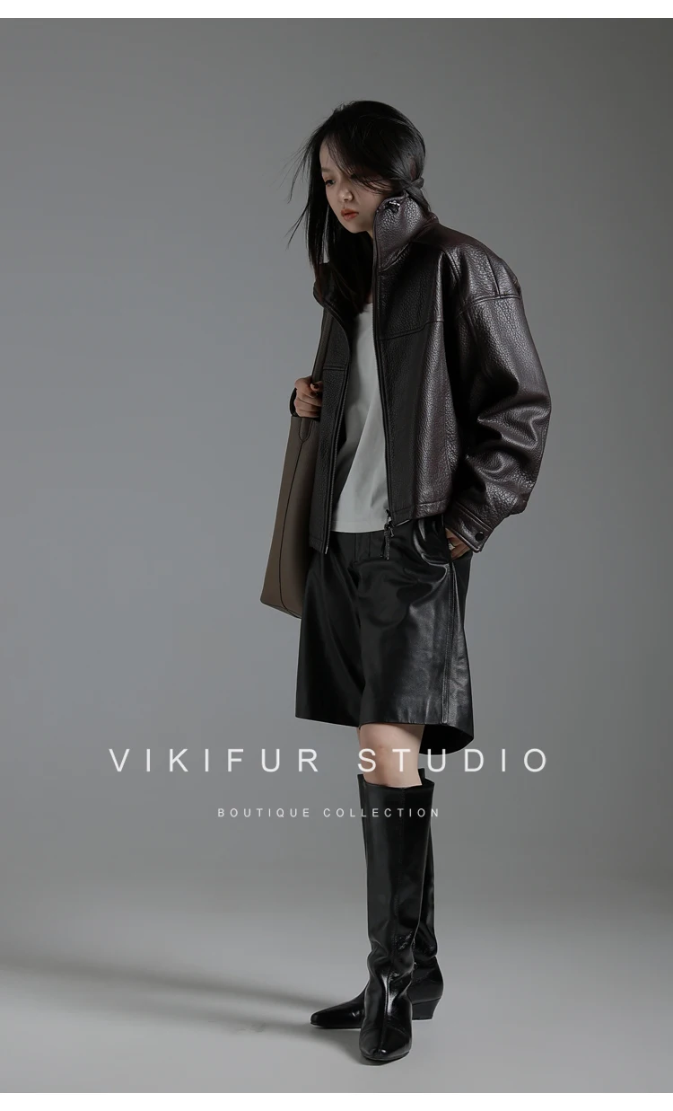 Lautaro Spring Autumn Cool Waterproof Short Brown Pu Leather Jacket Women with Long Raglan Sleeve Zip Up Luxury Designer Clothes