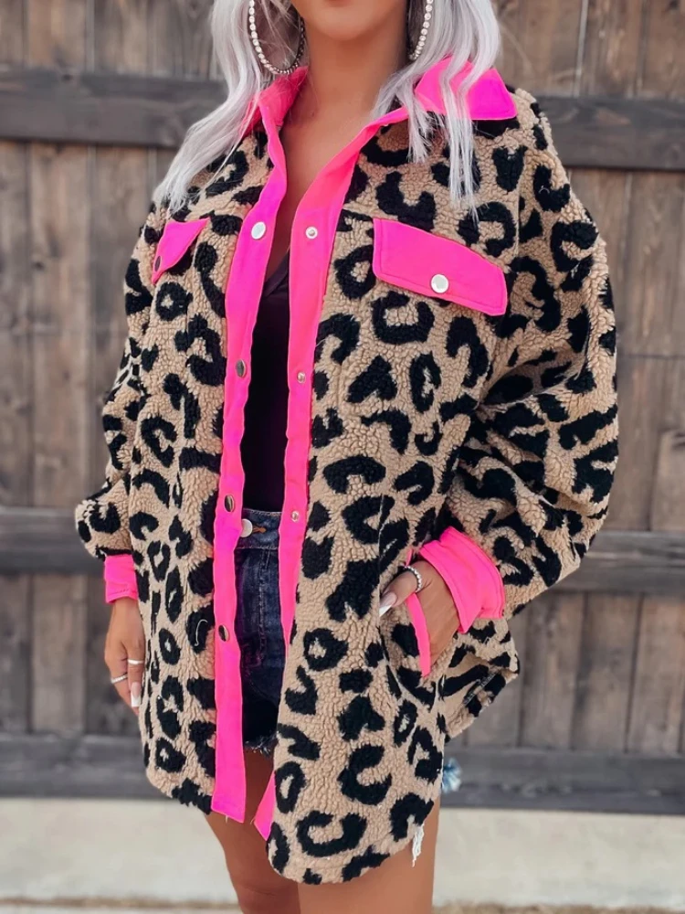 

Fashion Plush Leopard Coats Jackets Winter Casual Lapel Long-sleeved Top Loose Stitching Cow Color Contrast Harajuku Coat Women