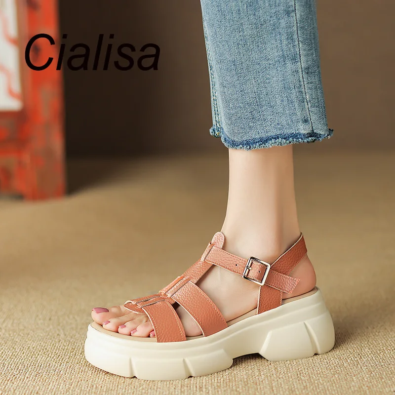 

Cialisa 2023 Sandals Summer Women Shoes Concise Genuine Leather Comfortable Chunky Heel Handmade Casual Buckle Strap Lady Sandal