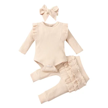 3 pièces bébé fille tenue ensemble nouveau-né enfant en bas âge enfants ensemble de vêtements bébé filles dentelle volants coton body + pantalon + bandeau vêtements
