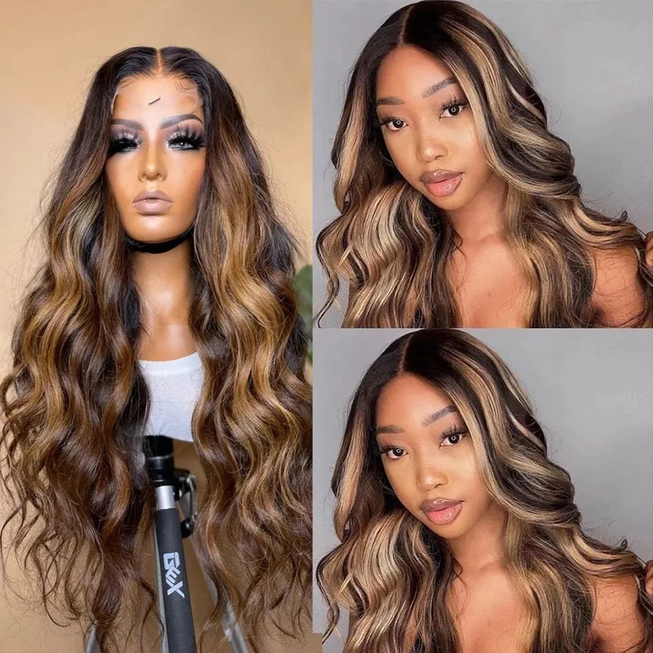 Body Wave Lace Front Wig Brazilian Colored Human Hair Wigs For Black Women Honey Blonde Highlight 30 Inch HD Frontal Lace Wigs