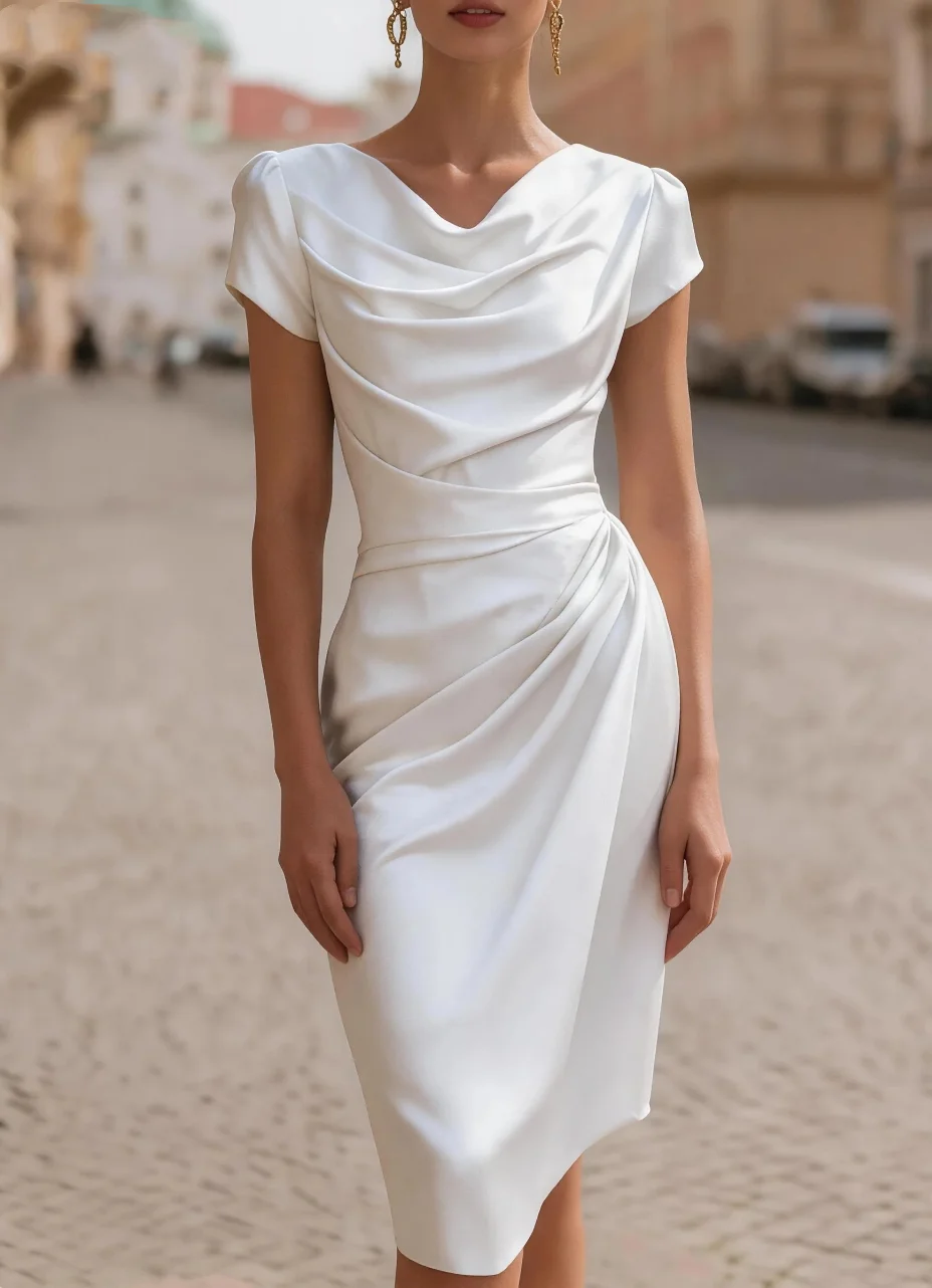 Women’s Elegant Cowl Neck Short Sleeve Fitted Midi Dress - Image 5