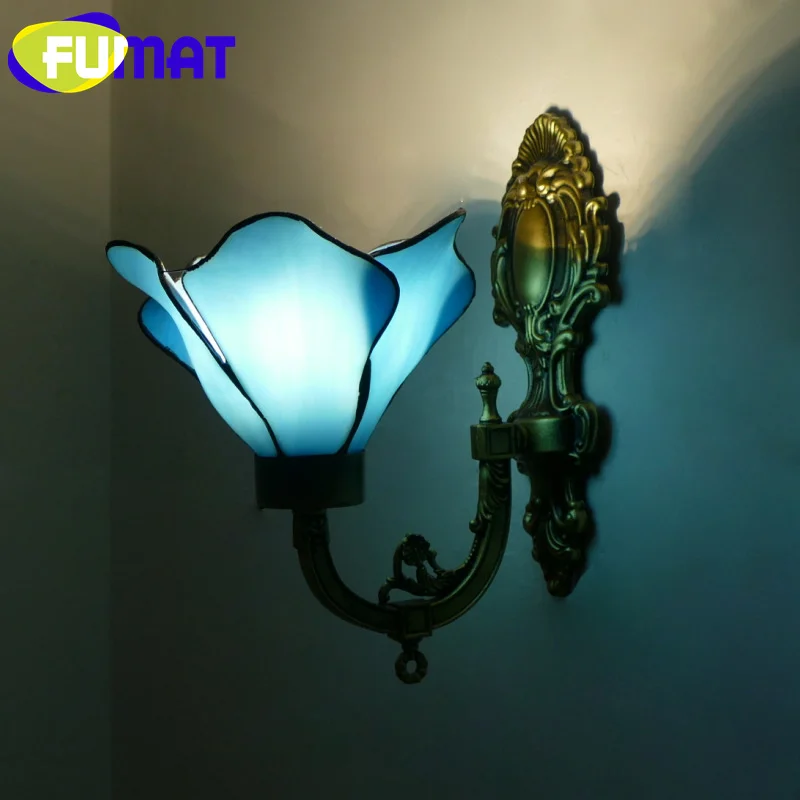 

FUMAT Tiffany style stained glass European lotus wall lamp for bedroom bed restaurant study corridor LED decor sconce light