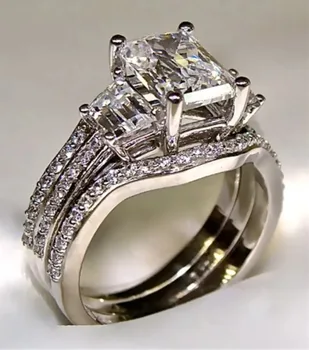 Vintage 10K White Gold 3ct AAAA Zircon Ring sets Silver Color Bijou Engagement Wedding band Rings for Women men Jewelry 1
