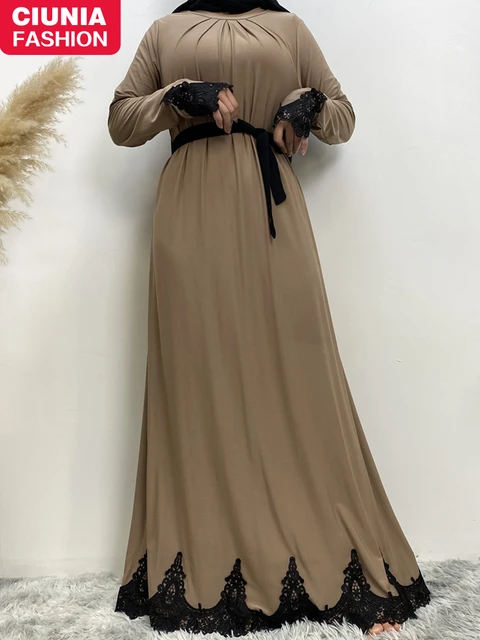 BROKE BRAND Muslim Abaya Islamic Dress Hijab Fashion Clothing Summer Nida  Fabric Stripe Stone Dress Esranur Abaya (FREE SIZE_54