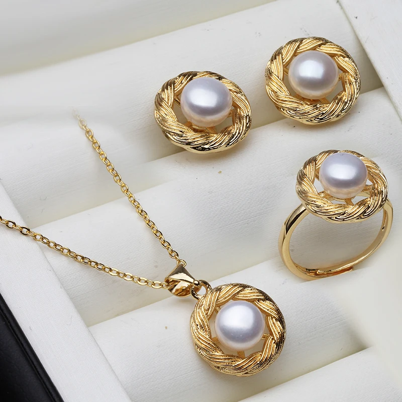 2023 Cute Pearl Necklace Earring Sets For Woman,Gold Plated Pearl Jewelry Set Mother Wife Anniversary Gift real 925 sterling silver necklace natural pearl jewelry sets for women bohemian stud earrings sapphire pendant