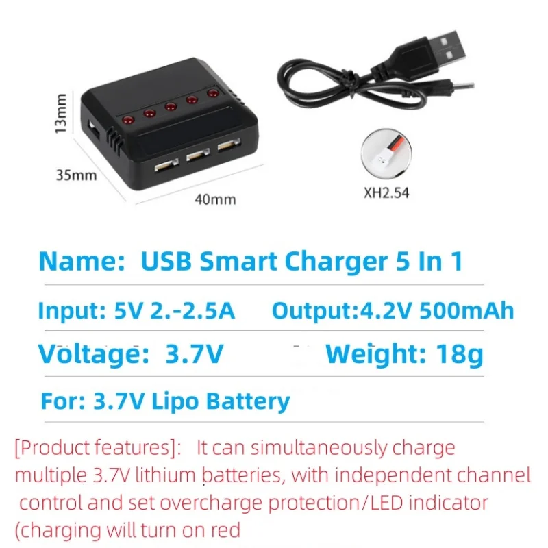 Chargeur USB Syma 3.7V 5 en 1 avec câbles PH2.0 et PH2.54, connecté à un drone