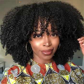 Parrucche in Capelli Umani Afro Kinky Curly Mongoli con Frangia, Bob Corto, Capelli Remy Brasiliani, Realizzate a Macchina per Donne, Senza Colla
