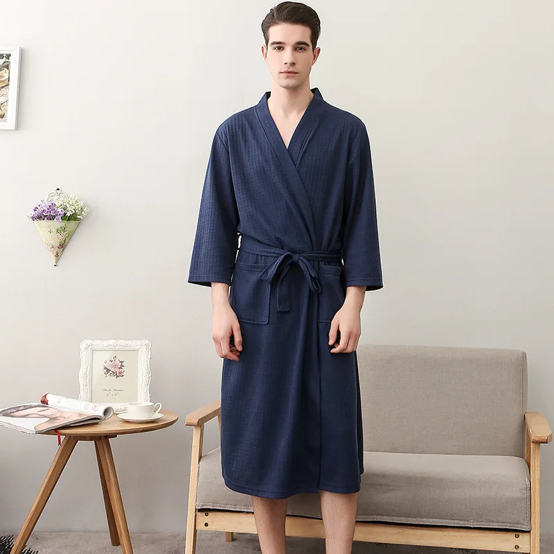 Spring and Summer Couple Nightgown One Piece Solid Color Waffle Cardigan Three-Quarter Sleeve Robe mens silk pajamas Men's Sleep & Lounge