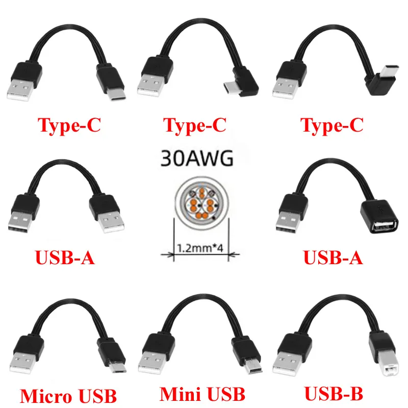 Black 0.1M Type-C USB-A B C Mini Micro USB Male to USB-A 2.0 Male Soft  silicone sheath flat Short Data Cable 30AWG - AliExpress