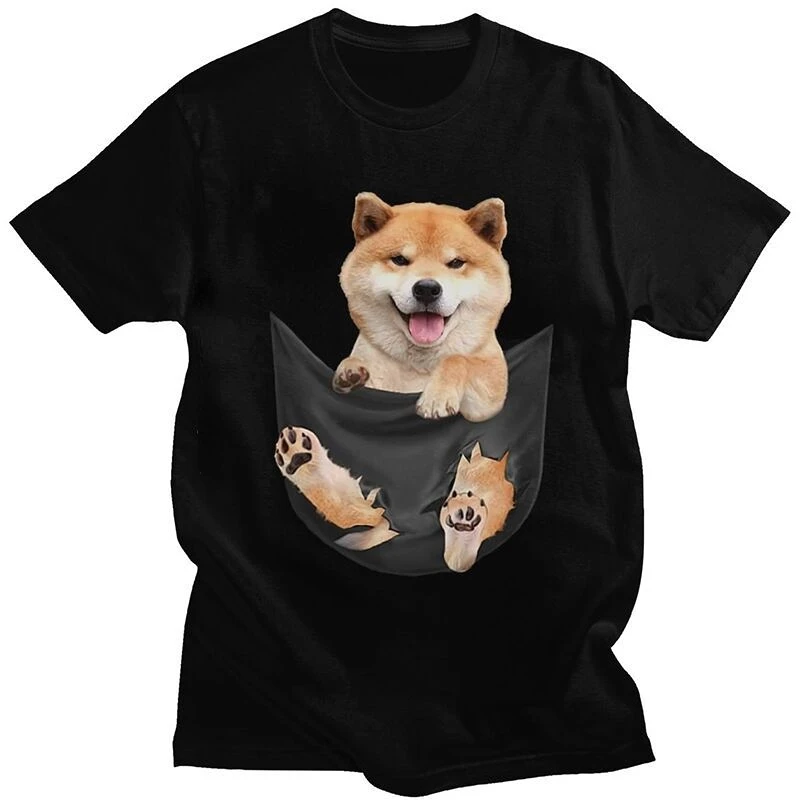 Creative Funny Tee Cute Shiba Inu Puppy Inside Fake Pocket Tshirt Men Summer T Shirt Funny Funny Japan Dog Tee Shirt Kawaii