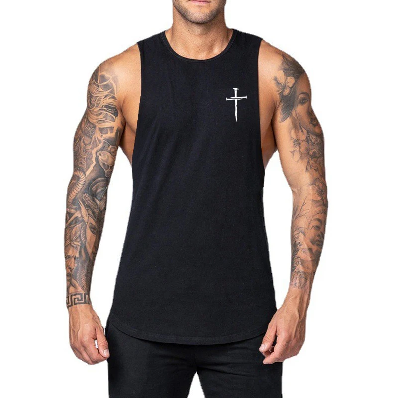 Vêtements de sport personnalisés imprimés croisés pour hommes, chemise sans manches pour entraînement musculaire, débardeur de musculation en coton, débardeur de Fitness