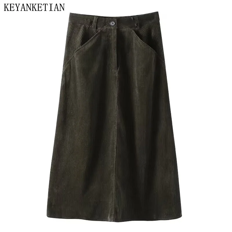 

KEYANKETIAN 2024 New Launch Women's Spring Corduroy Skirt Simply Vintage Seam Detail Slim Zipper High-waisted A-Line MIDI Skirt