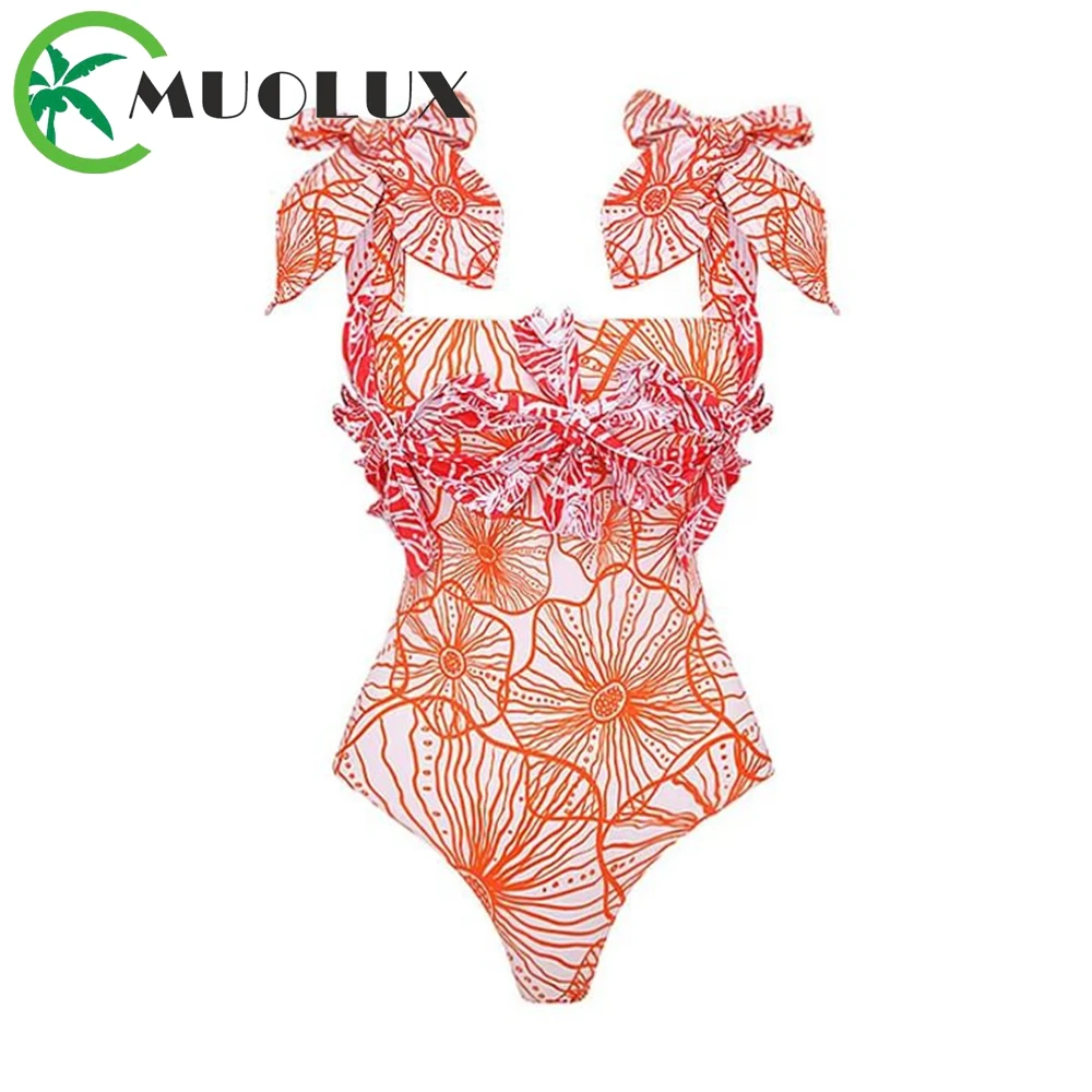 

MUOLUX 2023 New 3D Flower Tie Shoulder Printed One Piece Swimsuit Monokini Beachwear Summer Vintage Bikini BathingSuit Swimwear