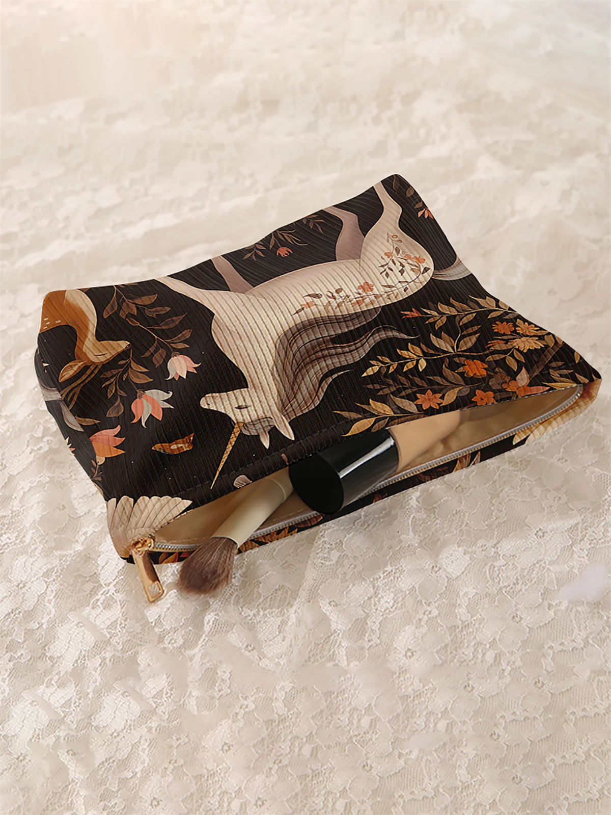 1 unicorn patterned corduroy makeup bag, lightweight zipper makeup storage box, multifunctional bag with lining