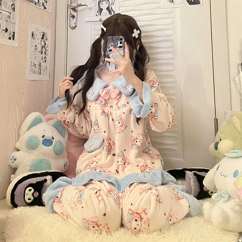 

Kawaii Sanrioed My Melody Autumn and Winter New Flannel Pajama Set Cute Cartoon Thickened Long Sleeve Two-Piece Home Clothes Set