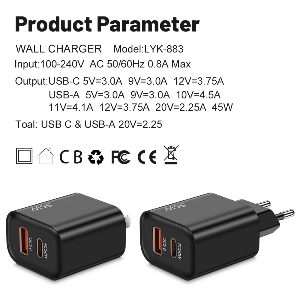 Total 55W USB C PD 30W Fast Charger for iPhone 15 14 13 Samsung Huawei Mate60 Nova Xiaomi OPPO POCO Quick Charging Power Adapter