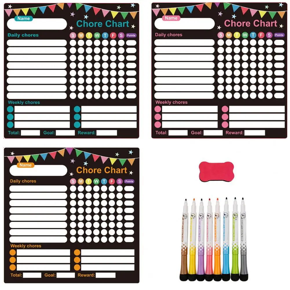 Kid Goal Achievement Chart 3pcs Magnetic Whiteboard Set with Pen Eraser Stain-resistant Surface Kid Reward Board Rubber for Home
