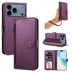 Sleek Zipper Leather Wallet Phone Case with Wrist Strap and Card Holder - iPhone 15 Plus (Deep Purple)