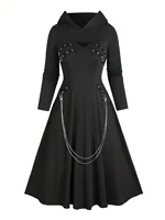 European and American Fashion Plus Size Chain Gothic Trial Dress with Long Sleeve Short-Sleeved Hooded Top Set - Image 3