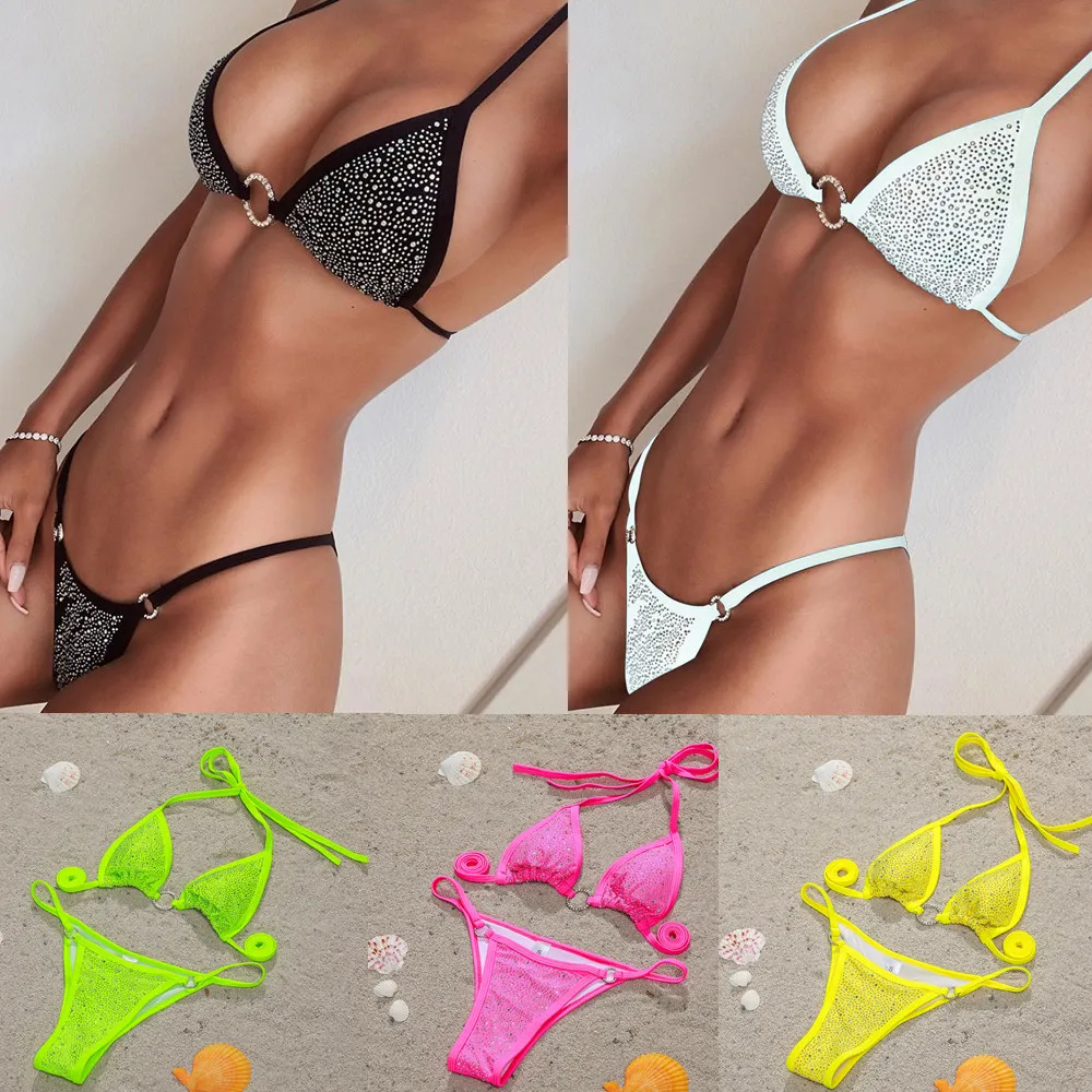 

European and American New Tight Lace up Sexy Open Back Bikini Light Luxury Diamond Embedding Women's Swimwear Split Swimwear