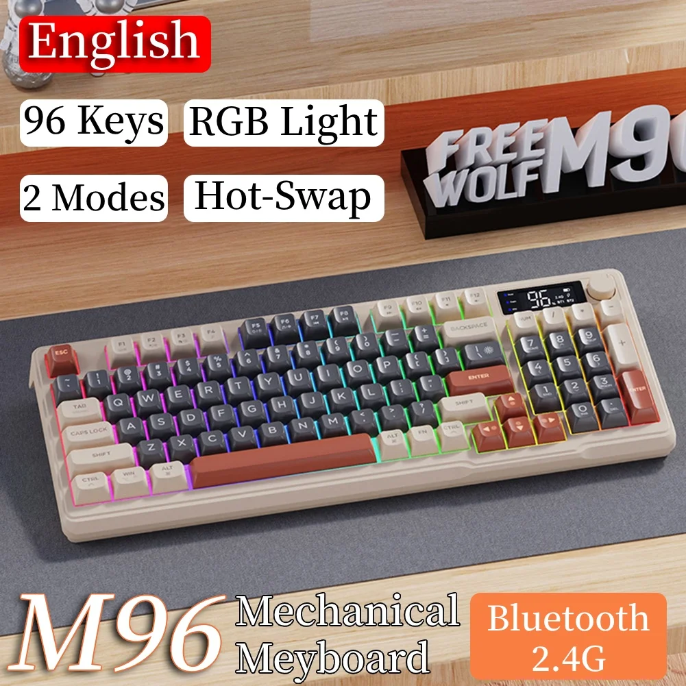 M96 블루투스 무선 키보드 데스크, 기계식 키보드, 듀얼 모드 연결, 디지털 디스플레이, PC 게이머 키보드, RGB 라이트, 2.4G