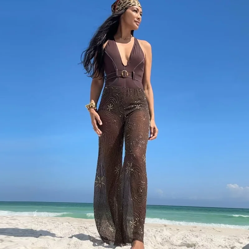 HXAO Women's Brown Sequins Pants Spring Summer 2025 Elegant Beading Semi-Sheer Trousers Chic Slacks High Waist Long Pants Woman