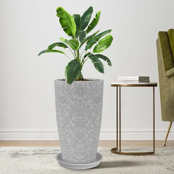 21" Gray Stone Planter with Drainage & Saucer 1