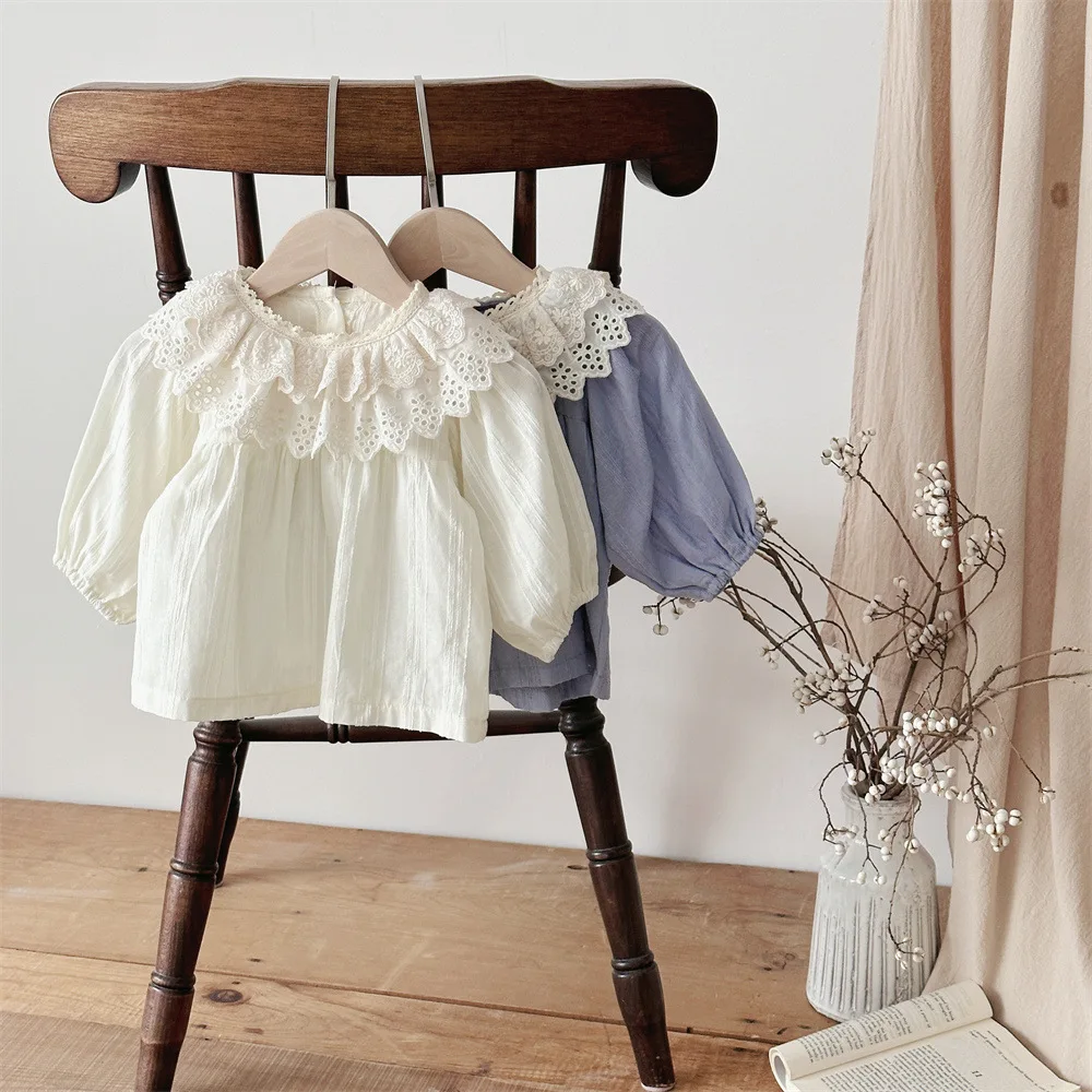 Description Picture 3 of item2025 Spring New Baby Girls Long Sleeve Lace Collar Tops Cotton Infant Toddler Solid Princess Bottoming Shirt Baby Clothes