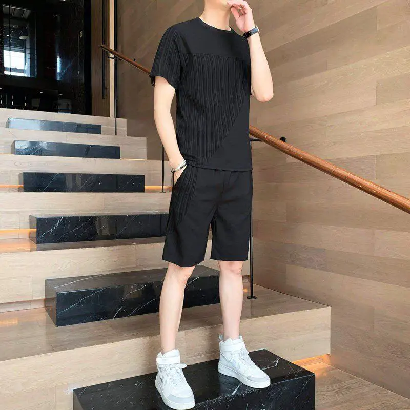 아이스 실크 퀵 드라이 스포츠 세트 남성 여름 반팔 티셔츠 반바지 슬림핏 투피..