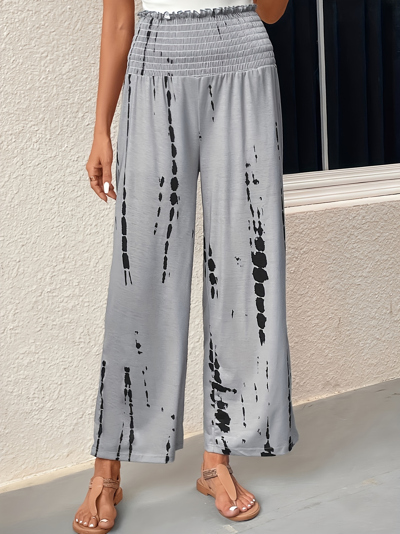  Plus Size Casual Pants, Women's Plus Tie Dye Ruffle Trim Shirred Waist High Rise Wide Leg Trousers 
