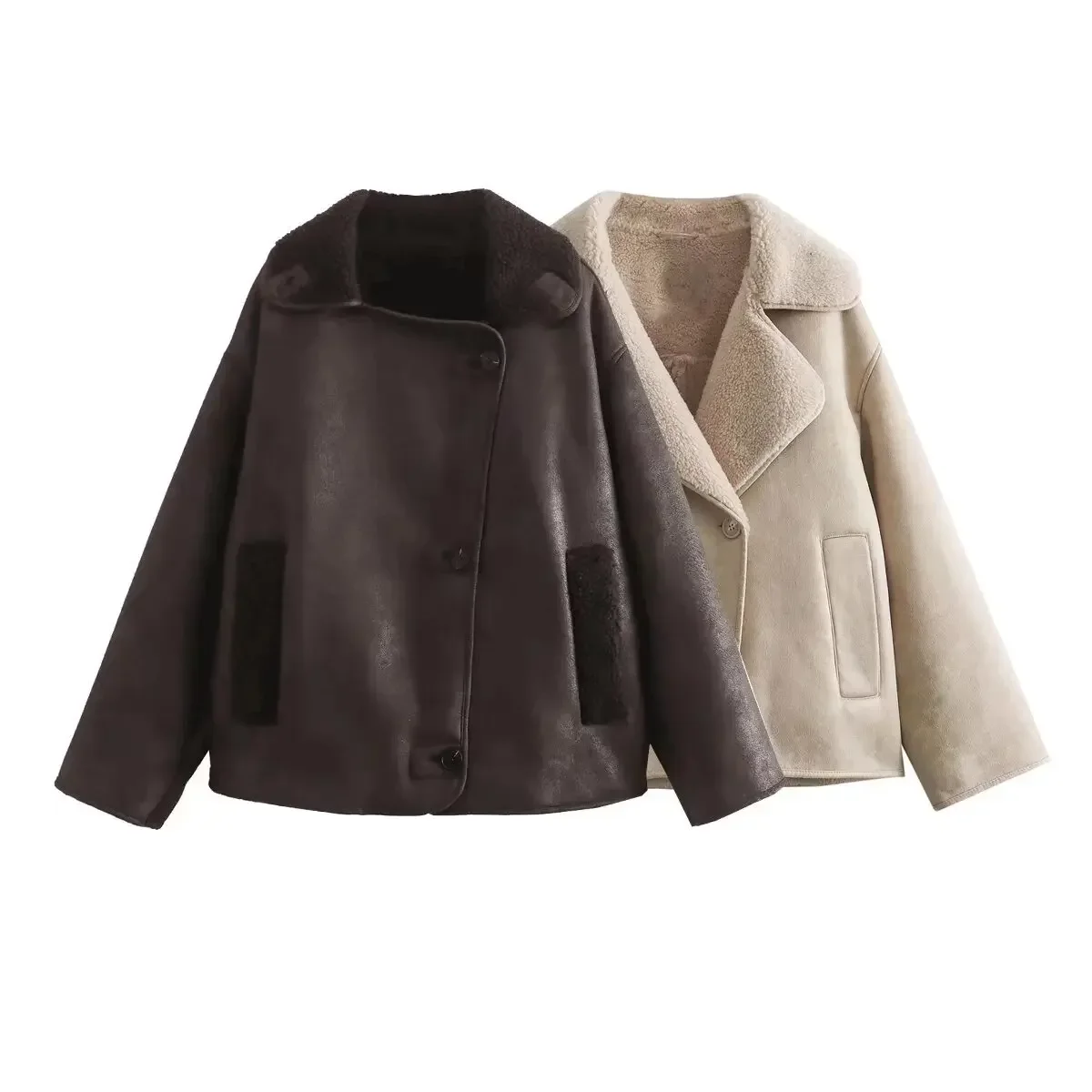 

Women New Fashion Hot stamping double-sided Loose Fur Faux Leather Jacket Coat Vintage Long Sleeve Female Outerwear Chic Tops